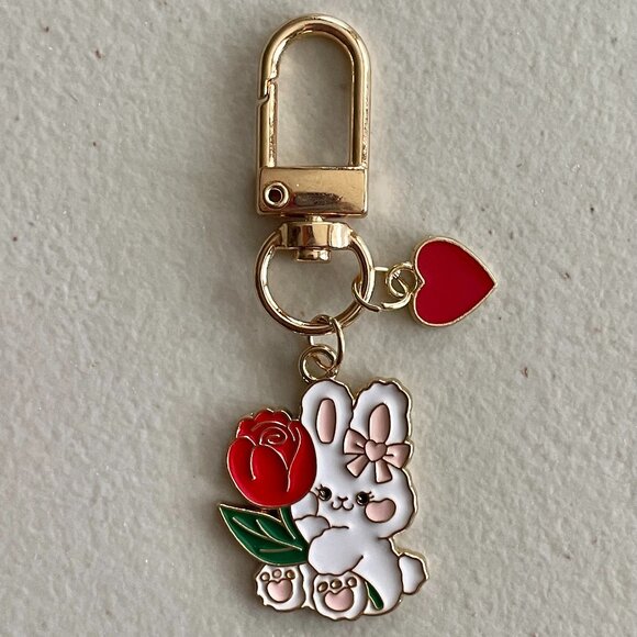 White Rabbit With Red Flower Keychain Purse Charm - Picture 1 of 3